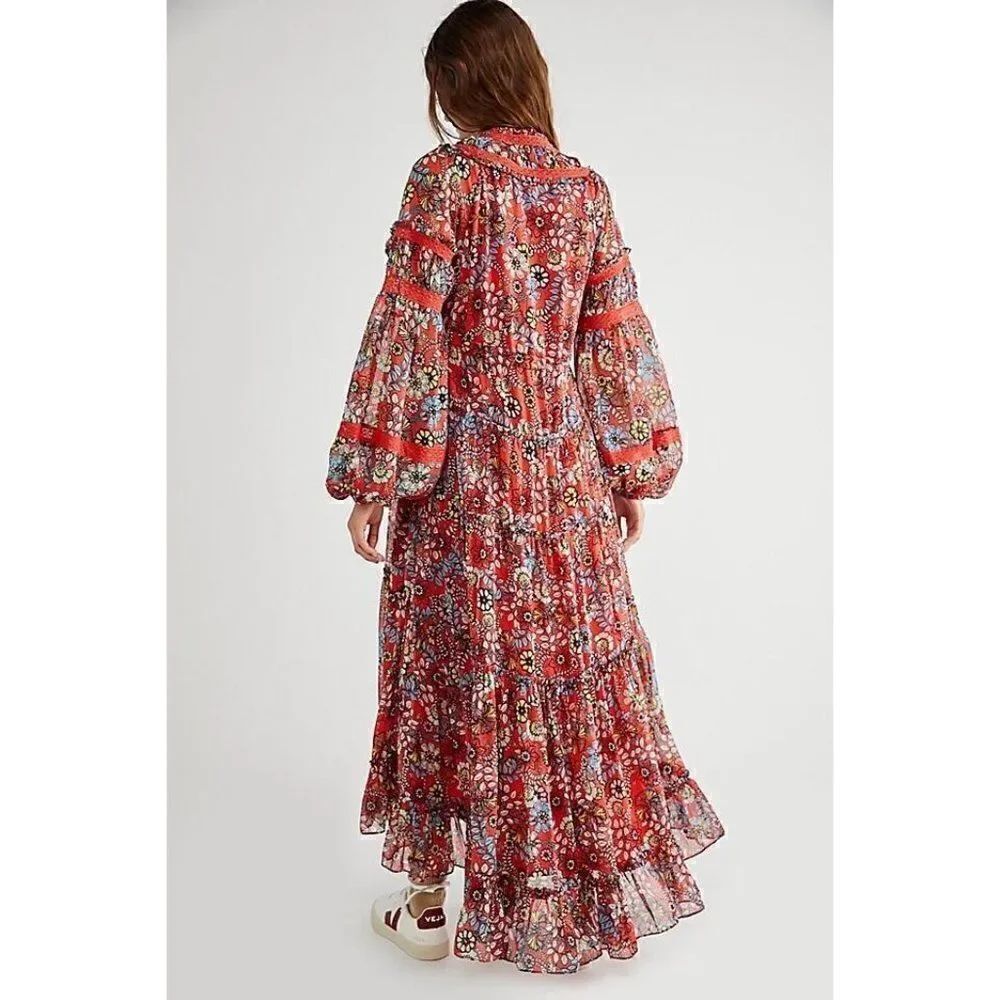 NEW FREE PEOPLE CASSIS PRINTED EMBROIDERED TIERED MAXI RED - Picture 2 of 4